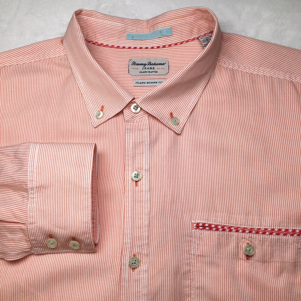 Tommy Bahama Shirt Mens XXL Pink Striped Island Modern Fit Long Sleeve‎
